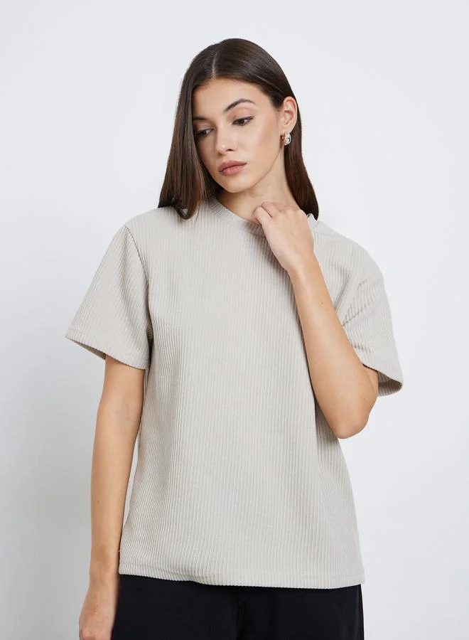 Styli Styli Grey Flat Knit Round Neck T-Shirt